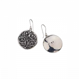  round dangling Silver Earrings adorned with Yemenite filigree work