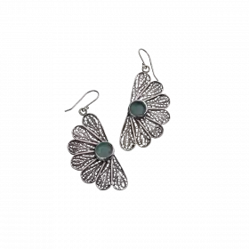 Seven-petaled Silver Filigree Earrings set with ancient Roman Glass